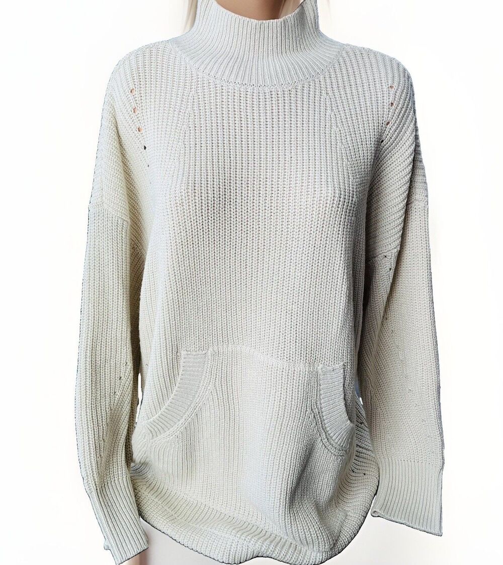 RDI Beige Oversized Knit Sweater Size XS NWT Mock Neck Kangaroo Pocket
